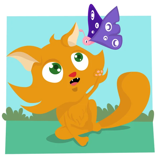 Kat spelen met vlinder — Stockvector