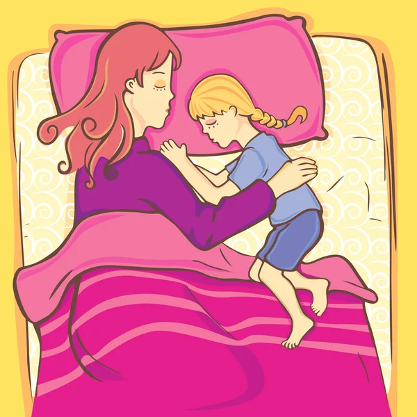 Chica durmiendo con su madre — Vector de stock