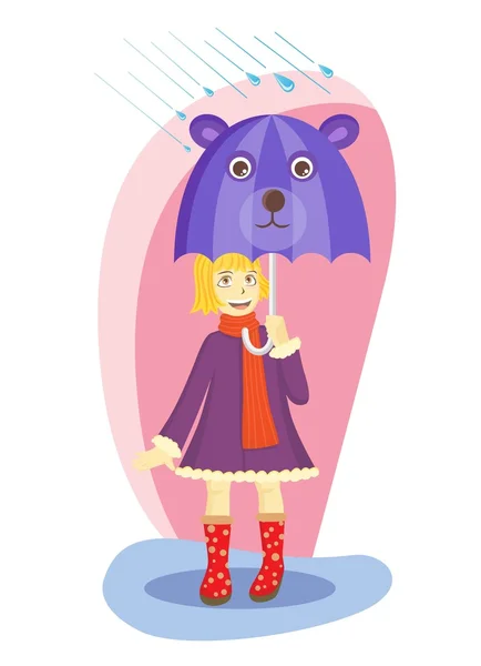 Little girl with her bear umbrella — Stock Vector