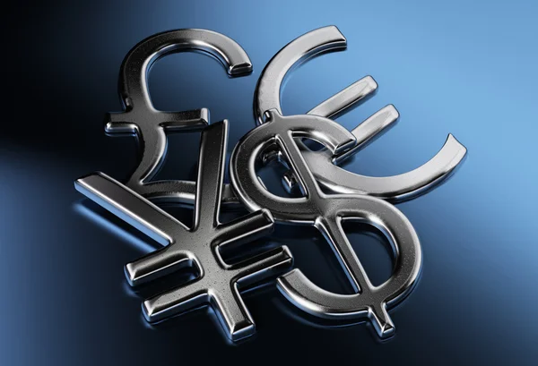 Dollar, yen or yuan, pound, euro signs — Stock Photo, Image