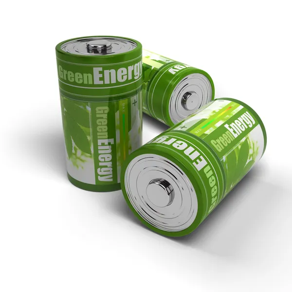 Obnovitelné zdroje energie koncept - zelené a eco friendly baterie — Stock fotografie