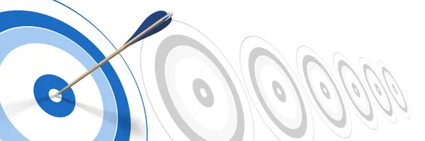 高效-蓝色箭头，击中的蓝靶中心 — 图库照片