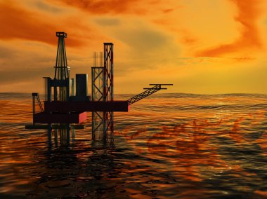 3D petrol teçhizat siluet, okyanus ve günbatımı, turuncu gökyüzü