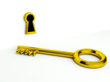 Gold key and keyhole, concept of chance, 3d isolated on white clipart