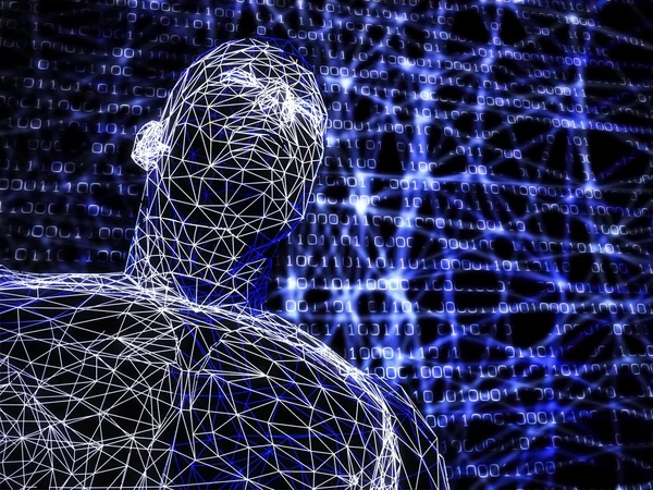 3D futuristické muž drátěný model v binární síti — Stock fotografie