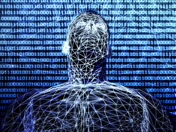 3d futuristic man wire frame in binary network — Stock Photo, Image