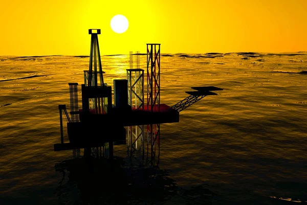 stock image 3d Oil Rig Silhouette, Ocean and Sunset, Orange Sky