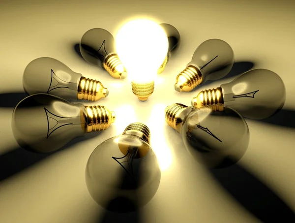 En glödande glödlampa bland andra lampor, begreppet idén — Stockfoto