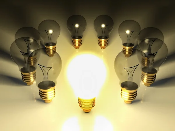 En glödande glödlampa bland andra lampor, begreppet idén — Stockfoto