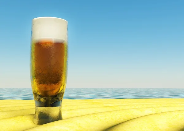 Cerveza fría en arena de verano, playa — Foto de Stock