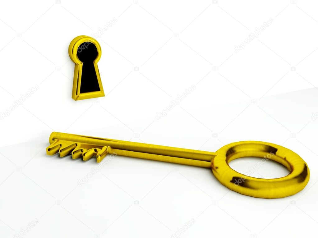 Gold key and keyhole, concept of chance, 3d isolated on white