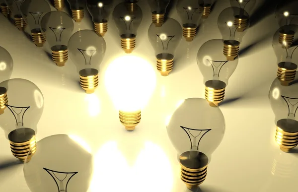 One glowing light bulb and the other light bulbs in rows — Stock Photo, Image