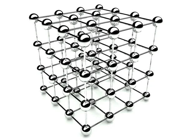 Cubo 3d de bolas, rede de estrutura e comunicação, branco isolado — Fotografia de Stock