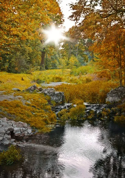 Herfst bos en stream, schilderachtige landschap — Stockfoto