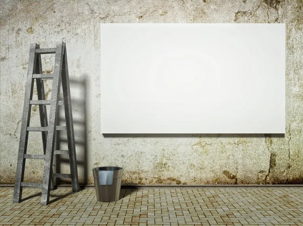 Cartellone pubblicitario in bianco su sporca parete grunge con scala e buc — Foto Stock