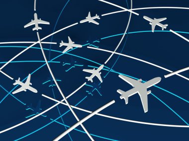 3d Airplane Routes, blue background clipart