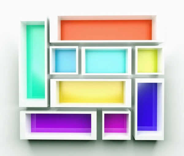 Lege kleurrijke boekenplank. 3D-samenstelling — Stockfoto
