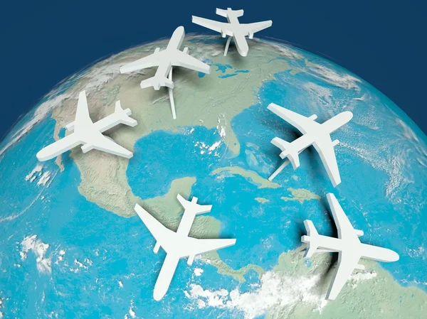 3D letadla trasy na mapě světa — Stock fotografie