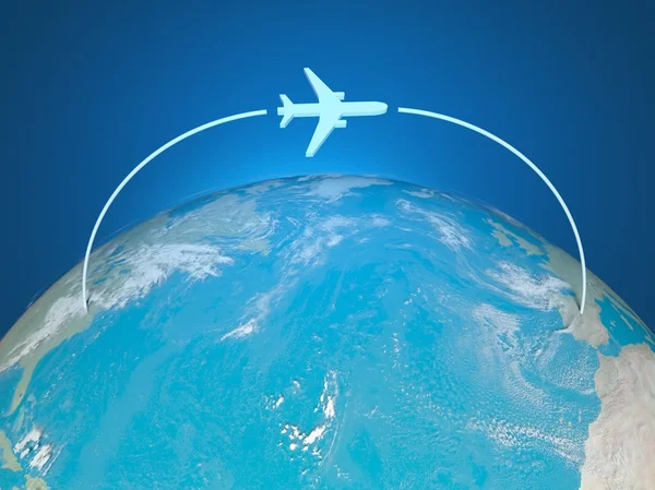 Маршрут 3-го самолета на карте мира — стоковое фото