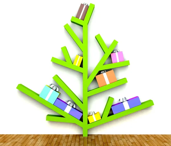 Moderner, minimalistischer Weihnachtsbaum mit Geschenken auf Ästen — Stockfoto
