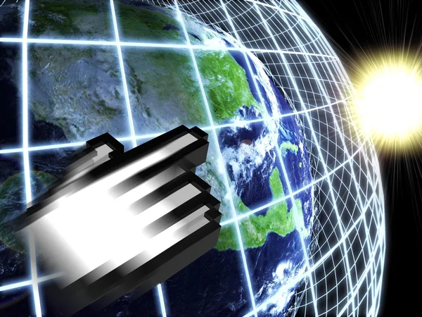 Moderne Erde in einem Web-Netzwerk mit Hand-Symbol — Stockfoto
