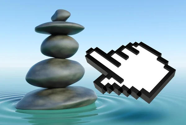 3d Zen stones in a zen water with hand icon — Stock Photo, Image