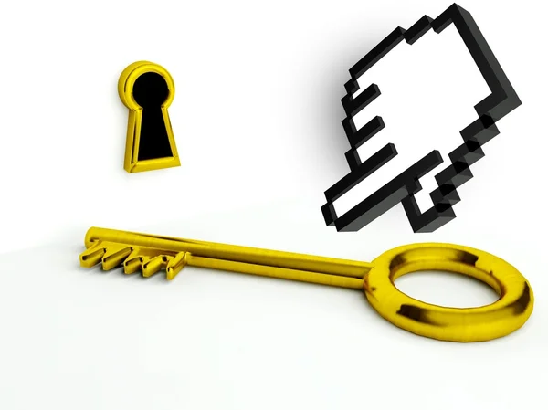 Золотой ключ и замочная скважина, концепция возможности с иконкой руки — стоковое фото