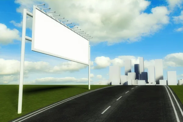 3D billboard a silnici s městem pozadím — Stock fotografie