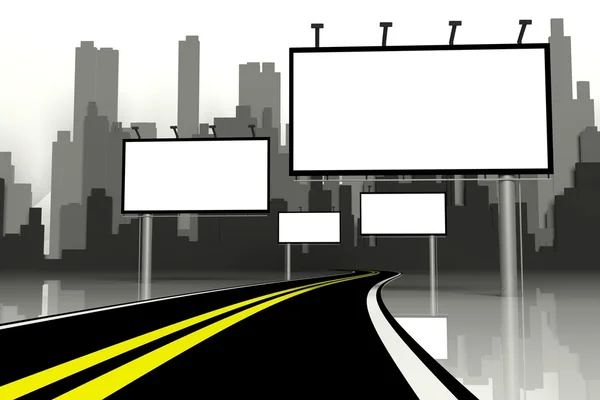 Трехмерный билборд и дорога на фоне города — стоковое фото