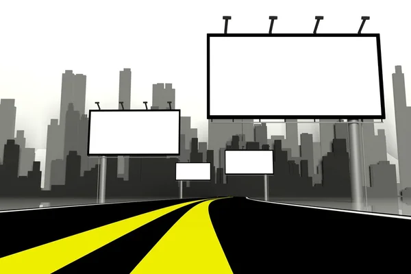 3d 广告牌和路与城市背景 — 图库照片