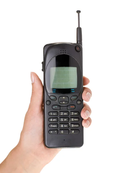 Hahd se starý mobilní telefon izolované na bílém — Stock fotografie
