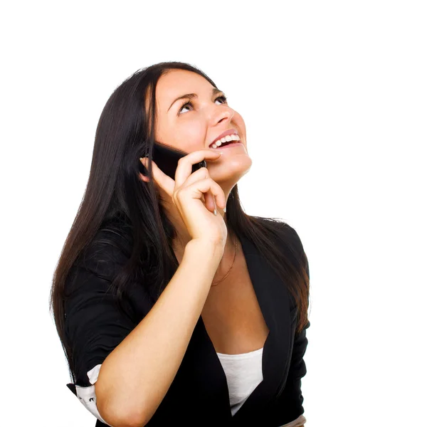 Femme d'affaires avec téléphone portable sur fond blanc — Photo