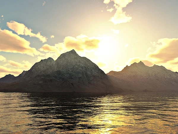 Zachód słońca nad górami z jeziorem na pierwszym planie — Zdjęcie stockowe