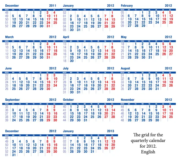 2012 年の四半期カレンダーのグリッド — ストックベクタ