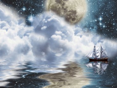 Yacht under moon clipart