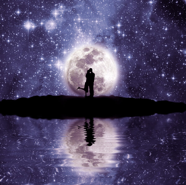 Lovers in front of the moon with the sign of the yin and yang