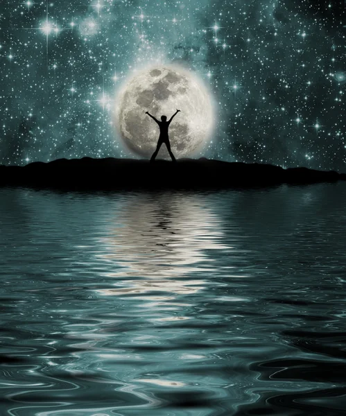 Hely, a Hold, a személy, a tó — Stock Fotó