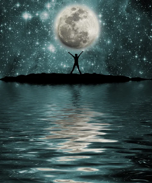 Espaço, lua, pessoa, lago — Fotografia de Stock