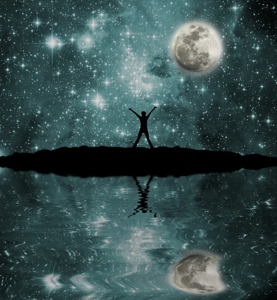 Hely, a Hold, a személy, a tó — Stock Fotó