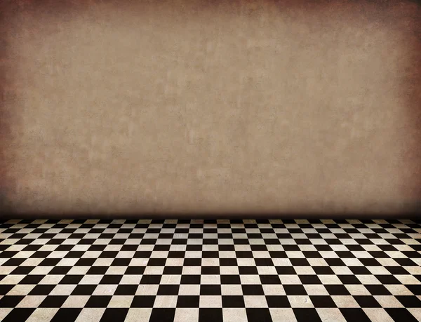 Quarto castanho vintage com piso preto e branco azulejos e anúncios de sombras artísticas — Fotografia de Stock