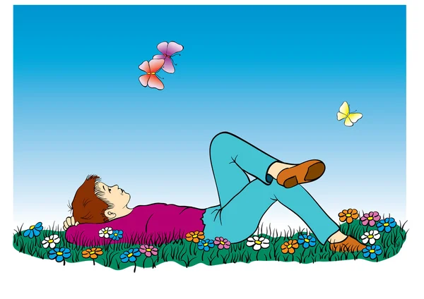 Boy with colour butterfly and flowers in blue sky — Stock Vector