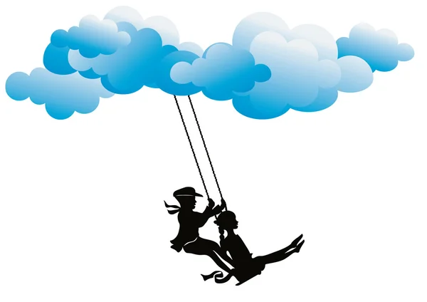 Stock vector Happy kids riding in the clouds