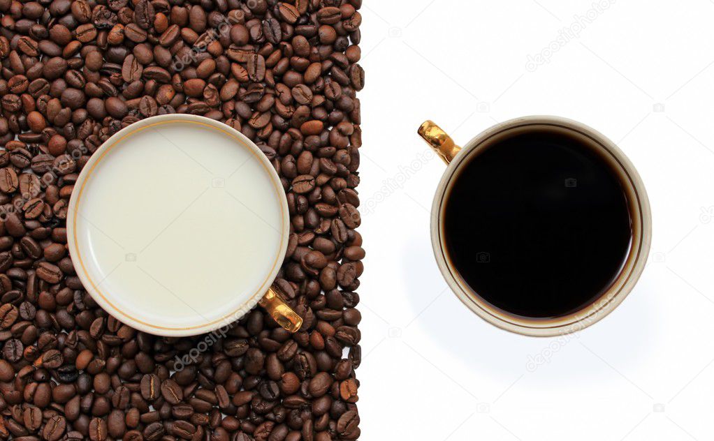 Milk and coffee composition on white background