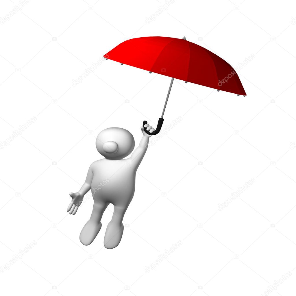 Logoman flying with red umbrella