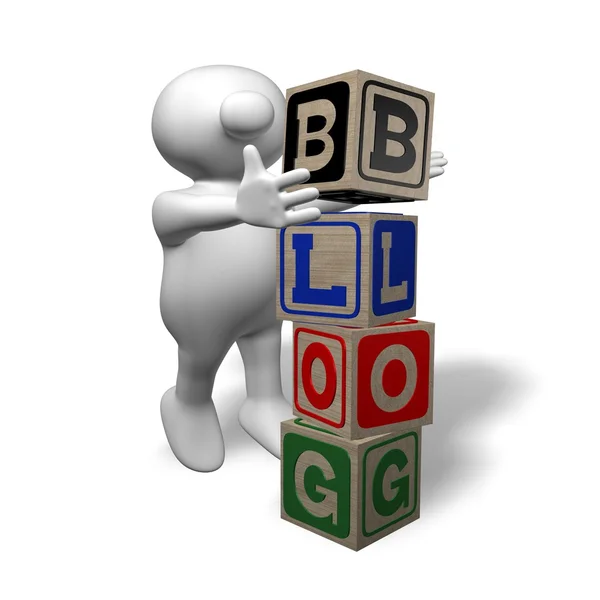 Logoman piling toy blocks - blog — Stock Photo, Image