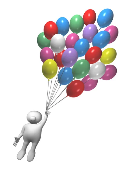 Logoman fliegt mit Luftballons — Stockfoto