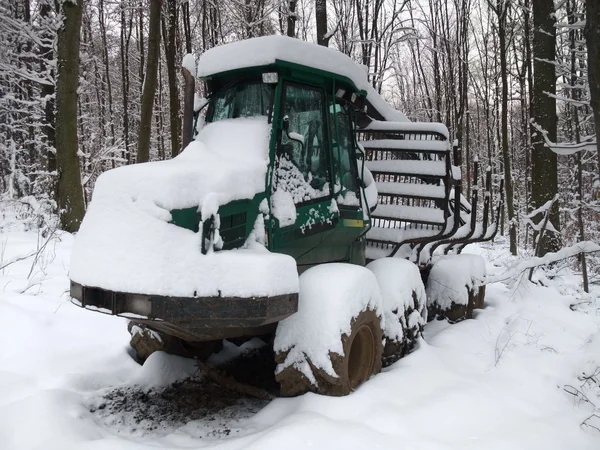 Fahrzeug aus schneebedecktem Holz — Stockfoto