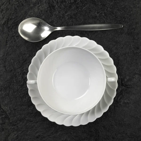 Супова тарілка і ложка — стокове фото