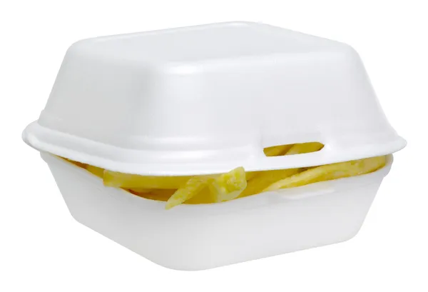 Pommes in einer weißen Plastikbox — Stockfoto