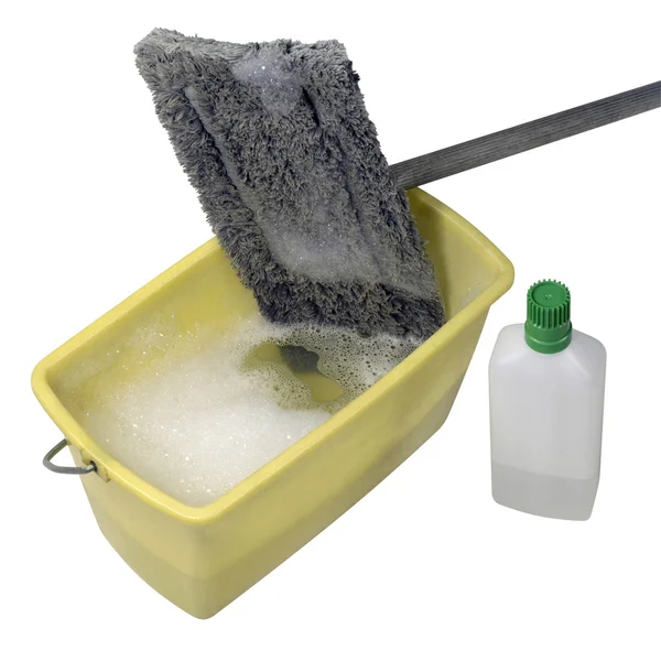 Cleaning mop with bucket and cleaner — Stock Photo, Image